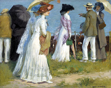A painting of strollers in long dresses on a cliff top painted in 1910 and entirely fresh to the market (it had not appeared for close to 100 years) sold without a tremor for $624,000 against estimates (which exclude buyers premium) of $400,000 - $600,000.
