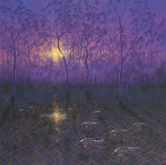 Most of the key top lots sold, and in the $100K plus bracket only one, Lin Onus’ beautiful Barmah Forest (Lot 37), climbed beyond its upper estimate, selling for $215,000 (hammer) against a conservative estimate of $150–200K.