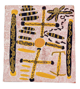 Mossgreen's Kluge Collection is nominally worth $324,000 to $507,000 on low and high estimates but should achieve $1.5 million (including buyers premium). Uta Uta Tjangala's lovely 1971/72 <i>Big Corroboree with Water Dreaming Sacred Tjurungas</i> should achieve more than $100,000, though estimated at only $30,000 to $40,000.