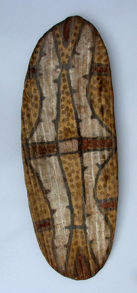 The Theodore Bruce shield is decorated with a wide palate of natural ochres. The design, the meaning of which is unknown, would have related to the makers ancestral heritage and creation story and have been his personal possession.