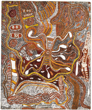 The standout painting, illustrated on the catalogue cover, <i>Rain Dreaming with Ceremonial Man</i> (c.1971) by Johnny Warangkula Tjupurrula was one of four by Warangkula that belonged to Geoffrey Bardon, until first offered for sale in 2001, and was the finest of the four works on offer at that time. It is illustrated in Geoffrey and James Bardon’s book Papunya: A Place Made After the Story) 