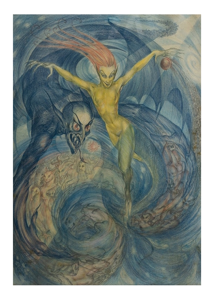 <p>Davidson Auctions <em>Estate &amp; Collector</em> weekend sale has a substantial art component, featuring several interesting, themed collections. Rosaleen Norton, the eponymous Witch of Kings Cross, subject of a recent biopic, is represented by two outstanding early examples. <em>Witch&rsquo;s Vortex</em> (above) (Lot 66) and <em>The Dream</em> (Lot 67) with an old pencil title on the back.</p>
