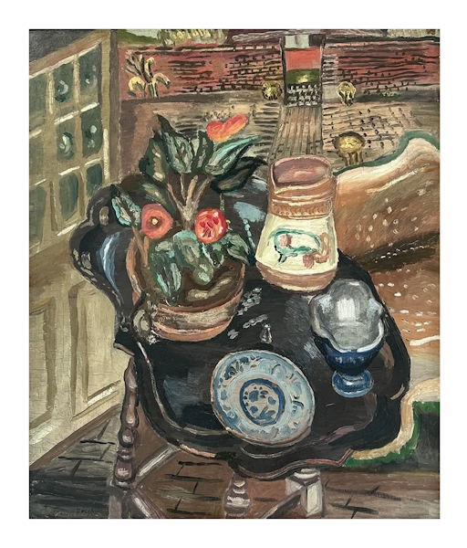 <p>One of the two works of national significance in the sale is <em>Still Life</em>, (Lot 52) a large oil by pioneering New Zealand artist Frances Hodgkins. Catalogued in the Complete Frances Hodgkins database (FH0895) the painting was first exhibited in 1947 at the Manchester Art Gallery exhibition.</p>
