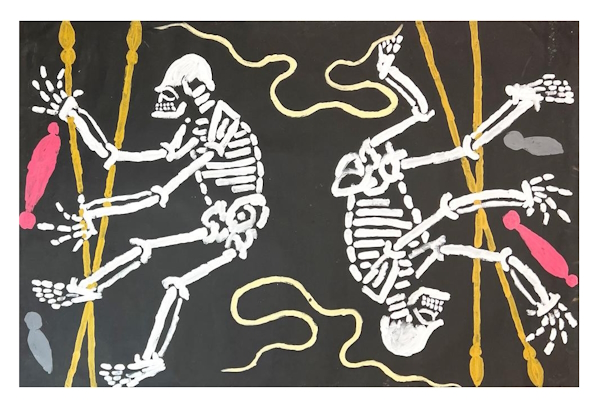 <p>The Aboriginal Art sale by Theodore Bruce Auctioneers &amp; Valuers in Sydney on 31 July 2023 includes a powerful acrylic on canvas by Clifford Possum Tjapaltjarri, <em>Two Jangula Men</em> (Lot 9002). Depicting two skeletons, the ceremonial design is made all the more striking with a minimalist background devoid of decoration. It&rsquo;s on offer with six digital work-in-progress images.</p>
