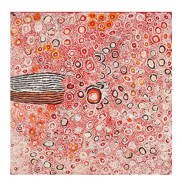 <p>Leonard Joel&rsquo;s annual Indigenous art auction to be held in the evening of&nbsp; Monday 28 August includes an impressive untitled work by Naata Nungurrayi (Lot 30). The story of this particular piece is centered around a group of senior women camping at the rockhole site of Marrapinti in Western Australia. Using layered dot detailing and a striking palette of red, white and cream, Naata brings this work to life as a shimmering energetic piece, positioning it as an excellent example of female artistry from Papunya Tula Artists.</p>
