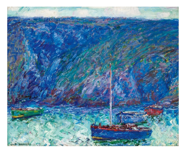 <p>John Peter Russell, Australia&rsquo;s master impressionist on location in 1890s France, left <em>Cruach en Mahr, Matin, Belle-Ile-en Mer </em>(lot 11) to posterity, a painting that shines with the intoxicating blue-violet sparkle of an opal. It surpassed modest estimates of $1,500,000 to $2,000,000 to equal the artist&rsquo;s record with a hammer price of $3,200,000 in Deutscher and Hackett&rsquo;s Autumn auction of <em>Important Australian and International Contemporary Art</em> in Melbourne.</p>
