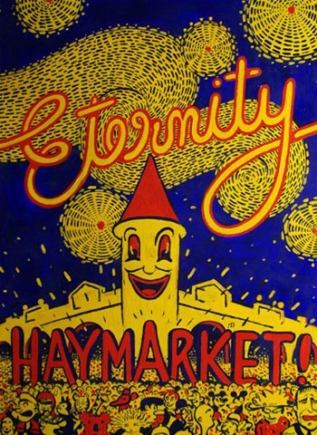 Top lot in the sale was Martin Sharp’s Eternity Haymarket, depicting the graphic ‘Eternity’ made famous by Sydney chalk artist Arthur Stace, which was bought for $25,000 by a private bidder against its estimate of $4,000-6,000