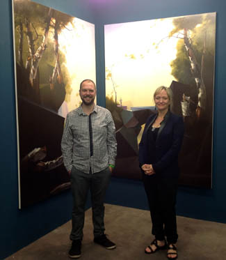 Ursula Sullivan of Sullivan & Strumpf with artist Sam Leach at the satellite fair Volta 8 in Basel.