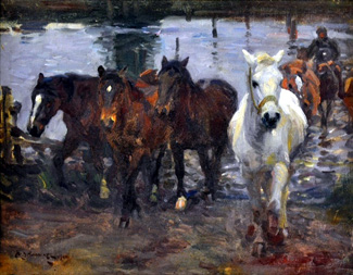 Above, Sir Alfred Munnings, <i>The Ford</i>, 1910, oil on canvas, signed lower left and dated, 34.5 x 45 cm, estimate AU$150,000 to AU$300,000, to be offered for sale at Davidson Auctions on 1st June. 