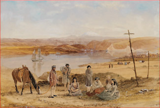 A large (48 by 71 cm) watercolour A Settler and Her Daughter with Maoris at Wanganui, with Mount Ruapehe Beyond by the trans-Tasman artist has come to light in the UK and will be included in the much heralded Australian travel auction being held by Christie's in London on September 25. 