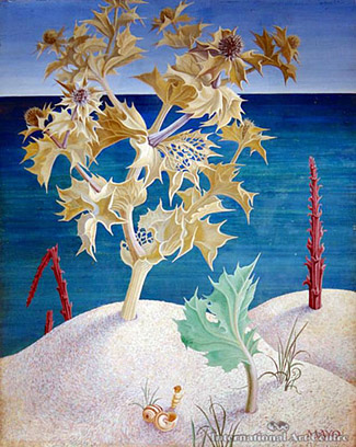 The highlight of International Art Centre’s <i>Important, Early and Rare</i> sale was the rare painting (most sales are of prints) by Eileen Mayo, <i>Sea Holly</i>. With a cult following of dedicated buyers in New Zealand, Australia and Britain, and the work looking better when viewed than the catalogue illustration, the lot was contested by several phone bidders and a very determined room bidder who finally secured the work for $47,250 (hammer) creating a new auction record for the artist.  