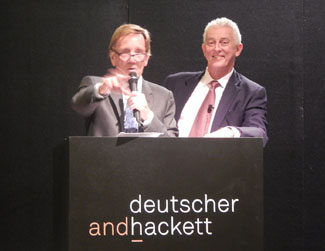 Celebrity auctioneer Edmund Capon (left), ably assisted by professional auctioneer Roger McIlroy, raised $128,150 for the Edmund Capon Fellowship with the sale of six works donated by John Olsen, Tim Storrier, Bill Henson, Alex Seton Lindy Lee and Guan Wei (lots 31 to 36) at the Deutscher + Hackett Fine Art Auction, on 27 August in Sydney.