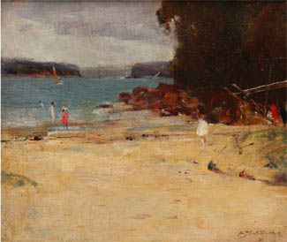 A beach scene, "Picnic at the Spit" by Arthur Streeton continued this years strong run on the artist's small works when it sold for £145,000 hammer (£176,900 IBP) in Dorset, U.K. on 25 September, writes Terry Ingram from London.
The price is believed to have been comfortably ahead of expectations to the pleasant surprise of both the auction house and its vendor, Mr James Fairfax who was clearing the contents of his long held retreat on the river bank at Stanbridge Mill at Gussage All Saints in Dorset.
