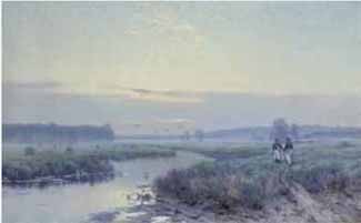 An Australian sunrise helped keep some of the clouds at bay in the Russian art market when re-offered in London, writes Terry Ingram. A big Victorian painting of the rising sun, "Russian" artist Konstantin Kryzhitsky's River Estuary with Farm Labourers, an 86 by 141 cm oil on canvas, attracted no interest from the usual players in the Australian market when offered at Menzies Art Brands in Melbourne in July.
