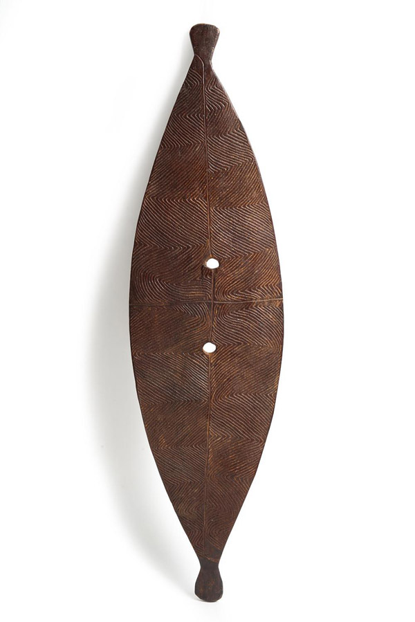Mossgreen’s 2015 annual sale of Australian Indigenous and Oceanic Art features many early artefacts including an important private collection of rare Australian indigenous shields, many of which date to the early 19th century.
Among the more important is a  Dja Dja Wurrung broad shield, estimated at $80,000 to $120,000, which was picked up by English-born George Kidman who came to Australia during the 1850s gold rush and established a mining claim. 
