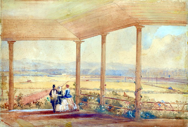 New South Wales has been tracking down its movable cultural heritage after years of being beaten to key pieces by Ron Radford. Two substantial examples of colonial art have recently headed back to Sydney from Melbourne, one of which is the important watercolour 'View from the Verandah at Hobartville, Seat of Mrs. W. Cox' by Frederick Garling. The Mitchell Library has emerged as the buyer of the work which sold for $20,000 plus 22 per cent premium at Leonard Joel's painting sale in Melbourne on June 28.