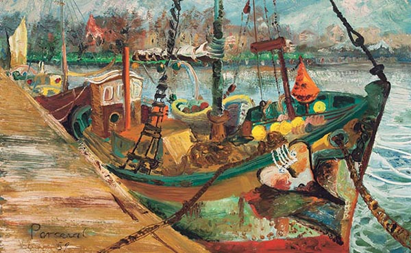 Painted in the late 1950s, most of John Perceval's views of Williamstown of this period are now in museums or tightly held in private collections.  So, when a major work, previously listed as ‘whereabouts unknown’ re-emerges after a lifetime in a private collection, it is an important event. 'The Moored Shark Boat' 1959, estimated at $380,000-$450,000 is just such a work, and will be offered by Menzies Art Brands in Melbourne on 24 September 2015. 

