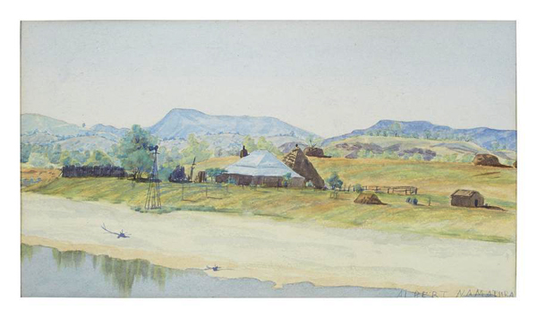 Surely at any of the season’s sales around the country there are plenty of Namatjira’s on offer, but perhaps none as simultaneously light and earthy as the beautiful Glen Helen Homestead, c.1946 (above) selling for $61,000 IBP on the usual estimated range $25,000-$35,000 for an A4-sized Namatjira watercolour. It had no curving ghost gums or purple mountains but captured the essence of the desert station, like a fragment rescued from Australia’s rapidly-vanishing rural history. 