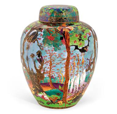 Estimated at $30,000 to $50,000 this rare “Ghostly Wood” pattern covered vase is one of six Wedgwood Fairyland lustre items that will be offered on 19 July in Sydney at Sotheby's Australia Fine Australian & European Arts & Design in Sydney.