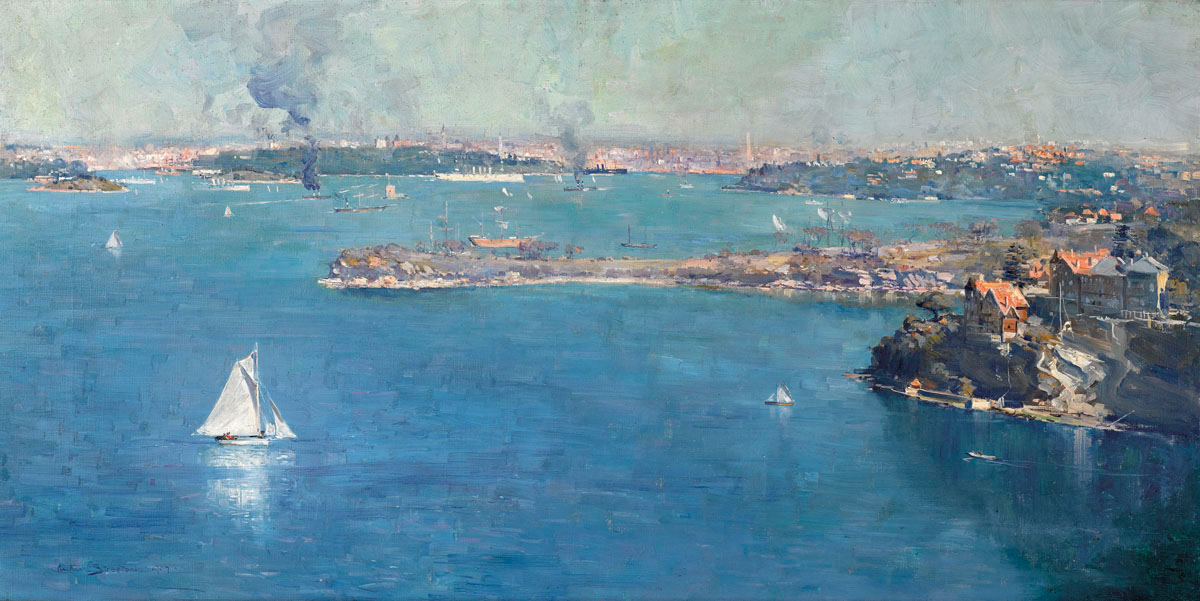 Sir Arthur Streeton's super-sized oil on canvas Sydney Harbour (lot 31) sold for $2.07 million at Sotheby's Australia's auction in Sydney on August 31 confirming the artist's status as Australia's ultimate blue chip artist. The sale total was $8,965,170 or with 75;36 per cent sold by lot and 132.05 per cent by value. Only 17 of the 69 lots offered were unsold.