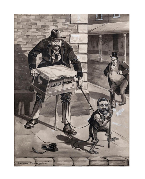 The 2018 closing of the Joshua McClelland Print Room signalled the end of an important era for Australia’s art market. The stock will be auctioned by Leski Auctions on May 5 at their Armadale rooms. Appropriately the sale will include Claude Arthur Marquet’s (1869-1920) political cartoon depicting trade union strongman Chris Watson as the organ grinder with Australia’s second Prime Minister Alfred Deakin as his dancing monkey and political heavyweight Sir George Reid as the wealthy onlooker.