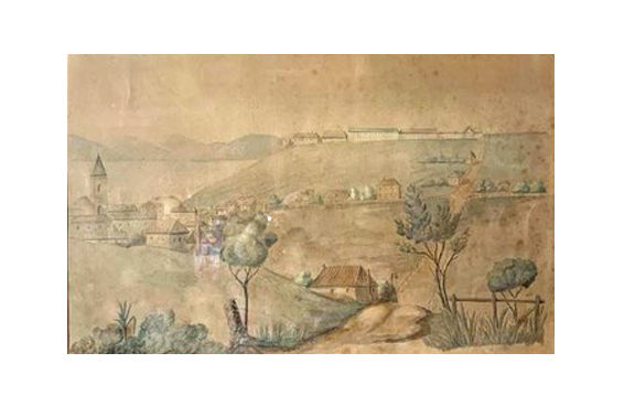 An untitled watercolour painting, 28 x 44 cm, circa 1835 from “Australian School”, estimated at $300-500, showing a view of Hobart with St David’s on the left, sold for $5612 including buyer’s premium – more than 11 times the high estimate at Gibson’s Auctions Red Hill sale on Victoria’s Mornington Peninsula on April 28, 2019. 
