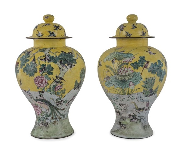 A rare pair of Chinese bronze and enamel vases, decorated with birds (including peacocks), lotus and flowering peony and iris, was the top selling lot at Leski Auctions May 5 Melbourne sale of the iconic Joshua McClelland Print Room and family associated Rathdowne Galleries selling for $19,000 on a $10,000 high estimate.  