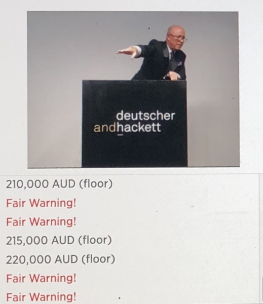 Deutscher + Hackett 's 'A Solo Auction Event', the sale of one painting by Del Kathryn Barton Hugo (lot 1) came with a  fully illustrated catalogue and scholarly essay in digital flipbook form. The sale attracted 4 telephone bidders and the one internet bidder, with auctioneer Scott Livesey (above) selling to a Sydney telephone bidder after 8 minutes for $220,000 hammer price, ($270,000 incl. bp).