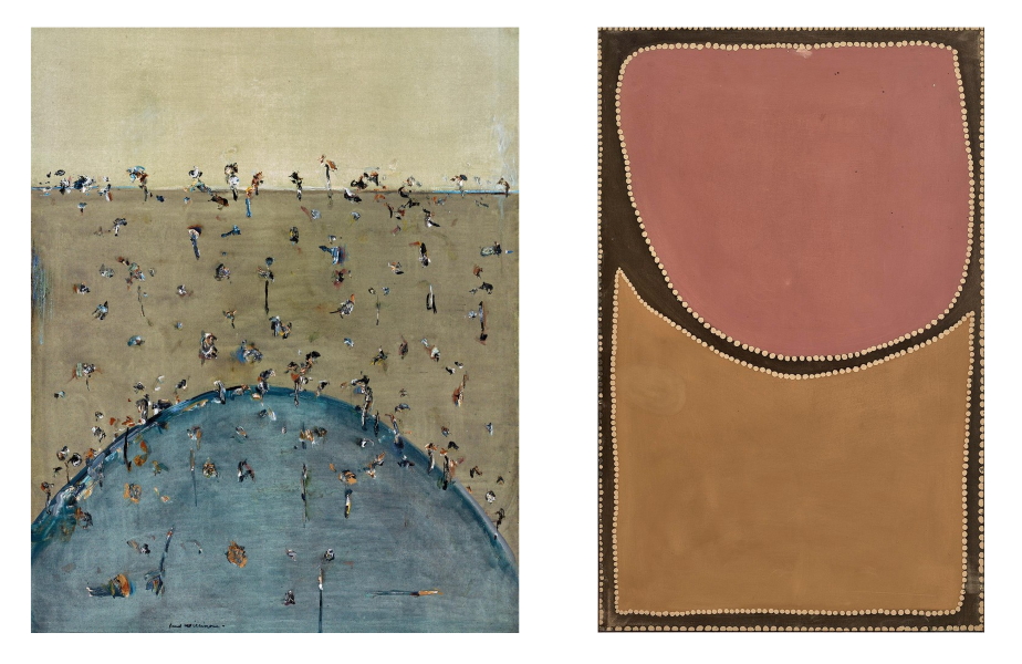 Fred Williams’ ‘Hummock in a Landscape’, 1967 (left) set a huge new record for the artist, selling for a dramatic $2,300,000 hammer while Rover Thomas’s ‘Baragu Country’, 1989 (right) sold for $100,000 hammer. The two-part offering in Melbourne on July 15, realised $8.8 million (IBP) with 95% of the lots by number sold on the night, and 143% sold by value.