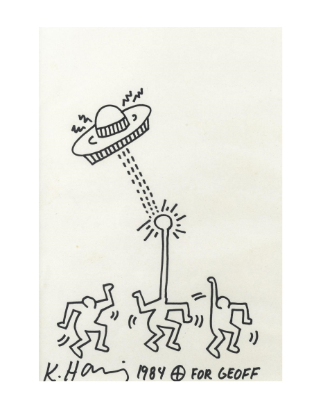 The two day sale of the late Geoffrey Burke  achieved exceptional results with every lot sold, many for more than their high catalogue estimates resulting in a 287 per cent total value on the 900 items offered, of which 88 were fine art, included in the Australian Art Sales Digest. Top price was Keith Haring’s Untitled ink on card endorsed "K. Haring, For Geoff" dated 1984 (above) which sold for $37,045 (including buyer’s premium) when its high catalogue estimate was only $10,000.