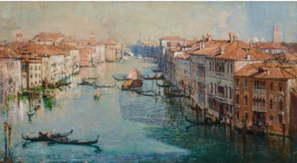Arthur Streeton’s painting 'The Grand Canal, 1908' estimated at $1.5 million to $2 million is a marvellous almost lifelike portrayal of waterways, gondolas and orange stepped terracotta tiled roofs from the lofty heights of Palazzo Foscari. The painting is the cover lot on Deutscher and Hackett’s Important International and Australian Art auction on April 21 at their South Yarra rooms.