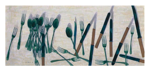 The highest estimate in the sale of $400,000-$600,000 is for John Brack’s (1920-1999) Knives and Forks, 1958 (above), a great example of his preoccupation with acute observations of contemporary living and interest in people.


