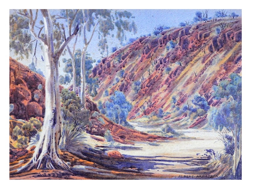 <p>Reflecting areas around the MacDonnell Ranges &#39;Finke River Gums, Central Australia&#39; (lot 26) estimated at $30,000-35,000 is typical of Namatjira&rsquo;s genre.</p>

